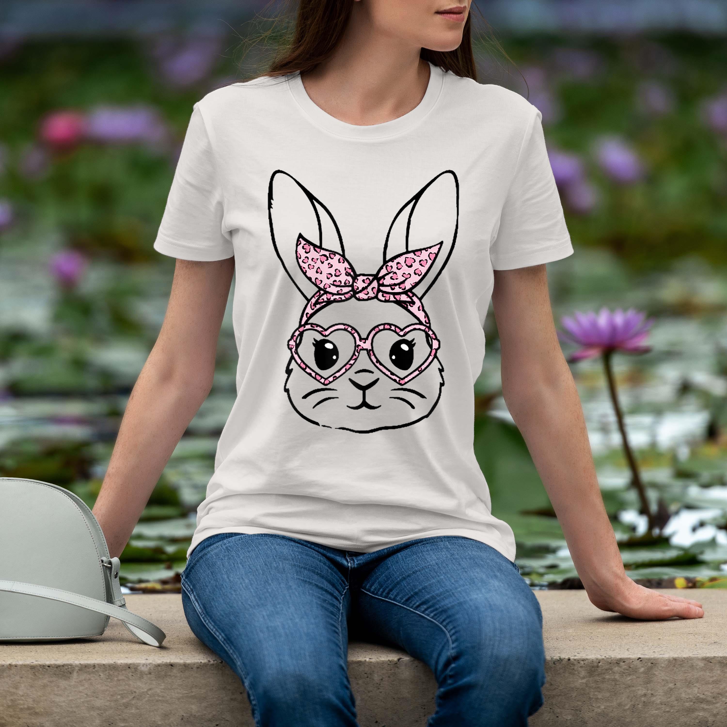 Cute Bunny Face Leopard Bandana Heart Glasses Happy Easter Shirt 